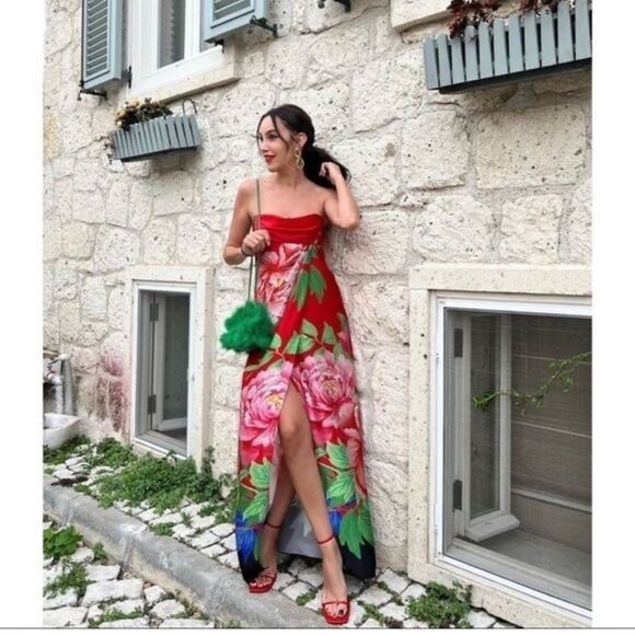 ZARA WOMAN STRAIGHT FRONT SLIT FLORAL PRINT DRESS size Large - Picture 1 of 11